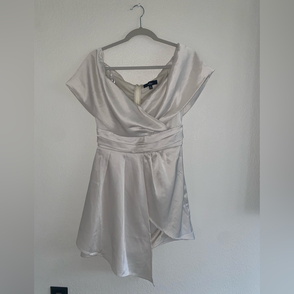 Lulus Ivory Satin off the shoulder mini dress
